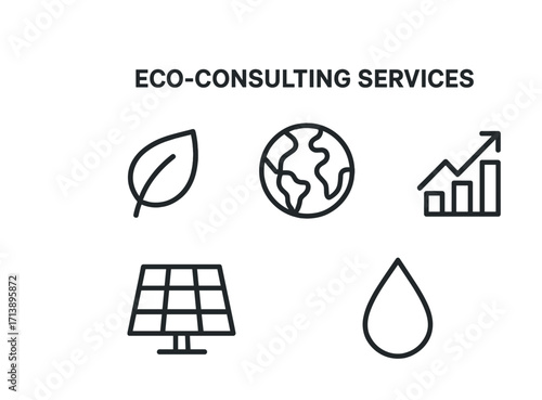 Eco-consulting services icons: leaf, earth, growth chart, solar panel, water drop