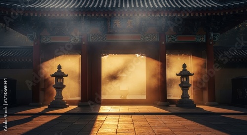 Mystical entrance to an ancient chinese temple bathed in golden sunlight and subtle smoke effect