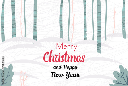Winter forest textured. Abstract panorama of forest glade with fir trees, bushes and tree trunks. Textured background.