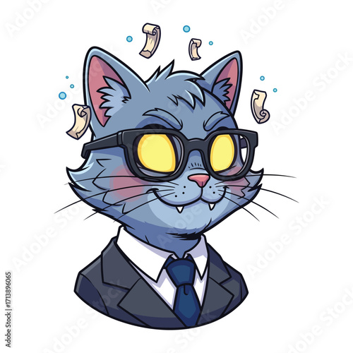 Smart Cat with Documents: A clever cat, attired in a suit, dons stylish glasses while surrounded by floating documents, illustrating the sharp intellect and wit. 
