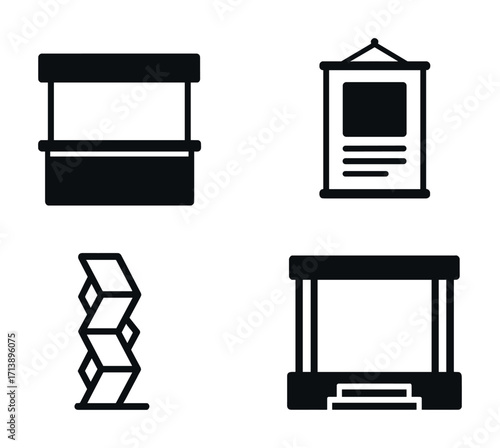 Minimalist silhouette icons of brochure stands and display boards