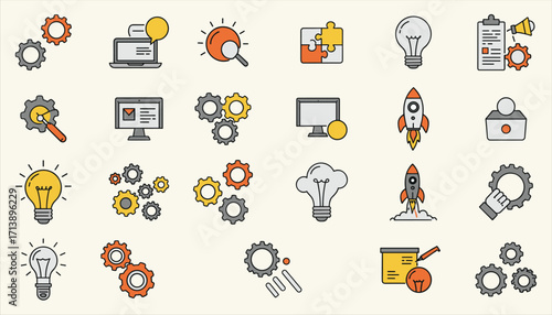 Creative ideas and business innovation vector icons for startup, project management, and technology solutions, modern digital illustration with SEO
