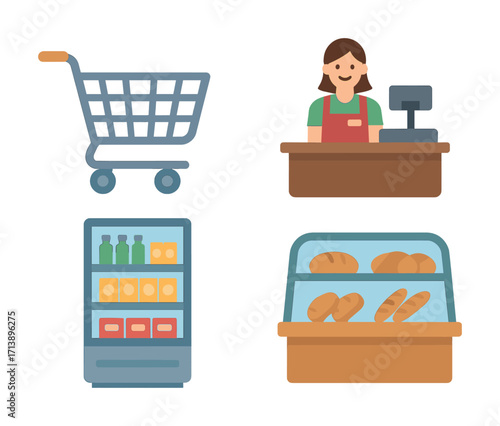 Cartoon grocery store elements: shopping cart, cashier, shelves, bakery display