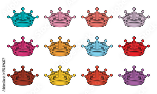 Fabulous Color Queen Crown 12 Bundle Set Outline Thick Border Vector Art