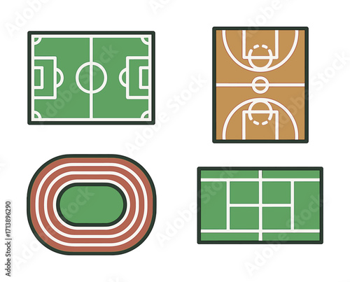 Illustration of sports fields: soccer, basketball, tennis, track
