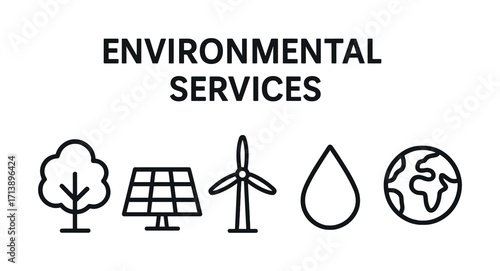 Environmental services icons: tree, solar panel, wind turbine, water drop, earth