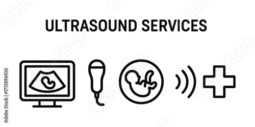 Ultrasound services icon set with baby fetus and medical symbols