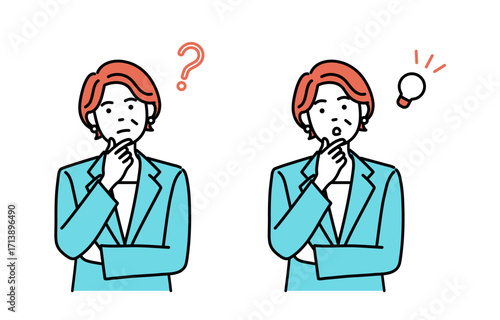 Simple illustration set of an adult businesswoman with her hand on her chin thinking