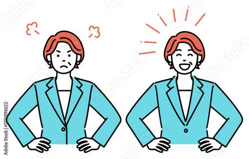 Simple illustration set of an adult businesswoman with her hands on her hips, angry or laughing.