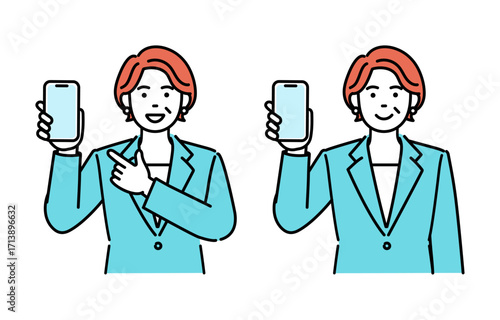 Simple illustration set of an adult businesswoman showing a smartphone screen