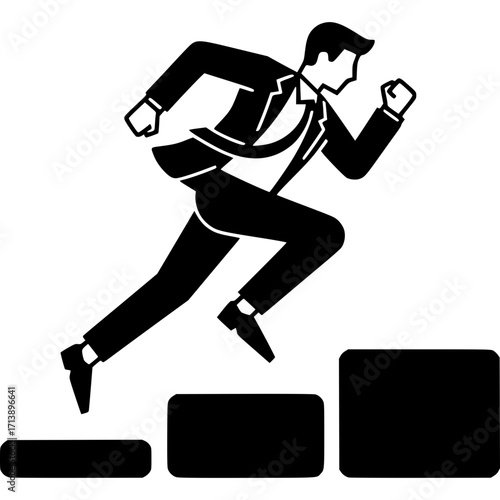 Striving for Ascent: An energetic businessman ascends a set of stairs in a minimalistic, monochrome design, capturing the essence of progress and ambition. 