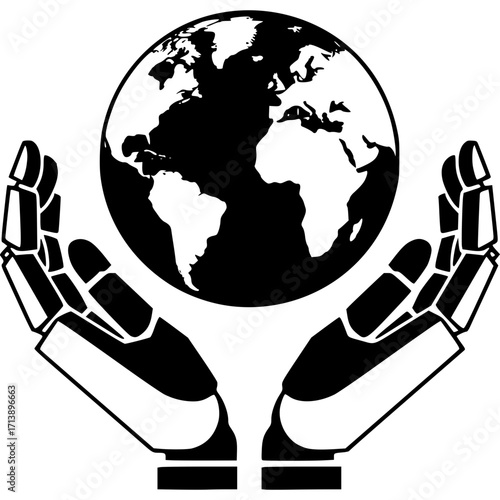 Digital Embrace: A stark black and white illustration depicts robotic hands gently cradling a detailed globe, conveying themes of technological integration and global unity.