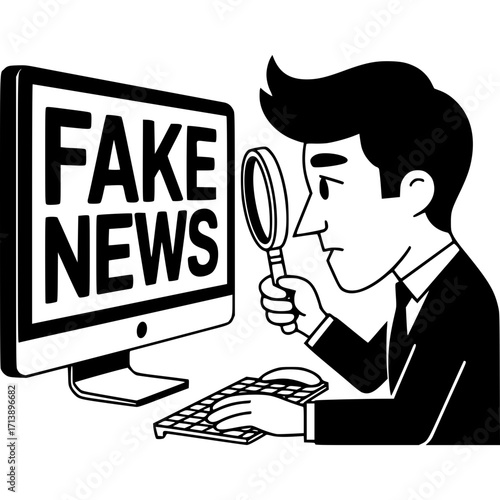 Fake News Investigation: A man intently examines Fake News displayed on a monitor using a magnifying glass, signifying a critical analysis and search for truth in the digital age.