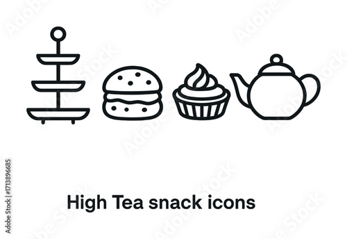 High tea icons: cupcake, teapot, pastry, tiered stand illustrations