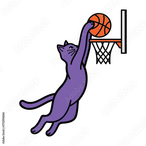 Hoop-Shooting Feline: A playful feline artistically leaps toward the hoop, achieving a slam dunk in this energetic cartoon representation, an embodiment of feline agility.
