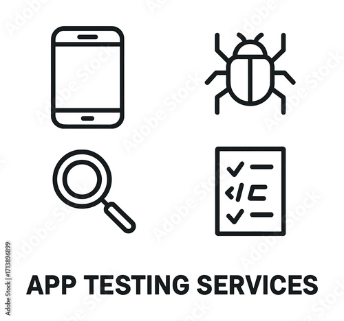 App testing services icons with smartphone, bug, magnifying glass, document