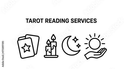 Tarot reading symbols: cards, candles, moon, sun icon set