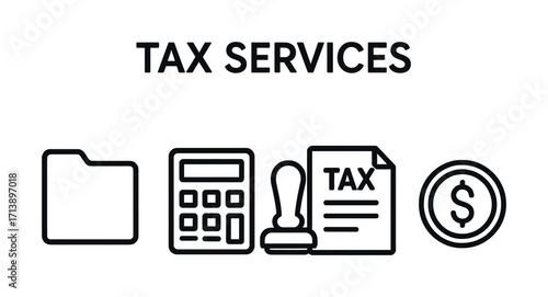 Tax services icons: folder, calculator, stamp, document, dollar sign in black outline