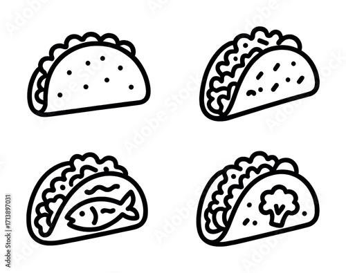 Four outline tacos with different fillings: fish and broccoli variations