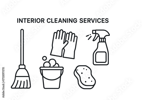 Cleaning equipment icons featuring broom, gloves, bucket, sponge, and spray bottle