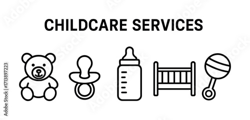 Childcare services icons: teddy bear, pacifier, bottle, crib, rattle in black and white