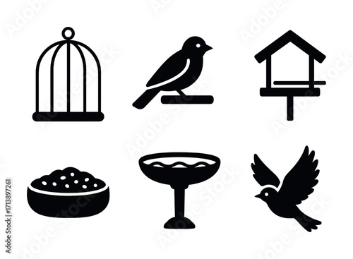 Bird cage, birdhouse, and bird silhouettes: essential icons for avian care