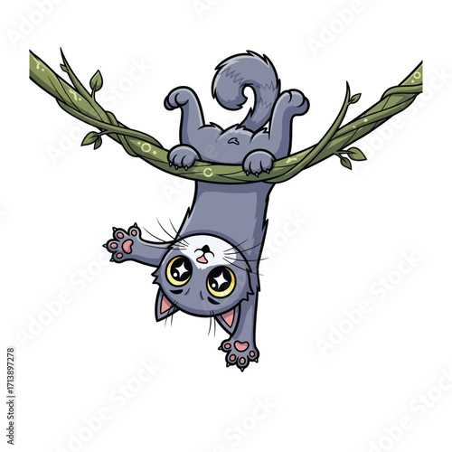  Playful Acrobat Cat: A charming cartoon cat dangles upside down from a vine, exuding cuteness and playful energy. A delightful illustration of feline agility and amusement.