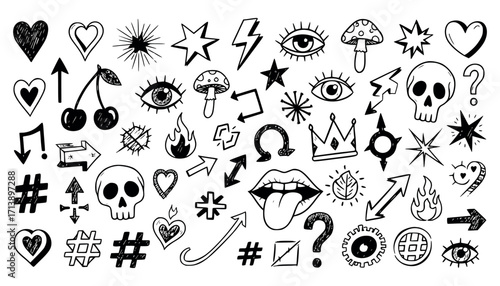 Vector art of collection of hand drawn doodle icons including hearts, skulls, eyes, mushrooms, lips, crowns, and question marks