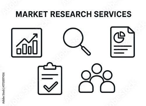Market research services icons: chart, magnifying glass, report, checklist, team