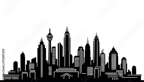 Vector art of silhouette of a modern city skyline with various skyscrapers and buildings