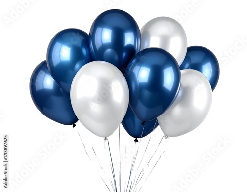 Festive metallic blue and silver balloons for celebration isolated on transparent background PNG