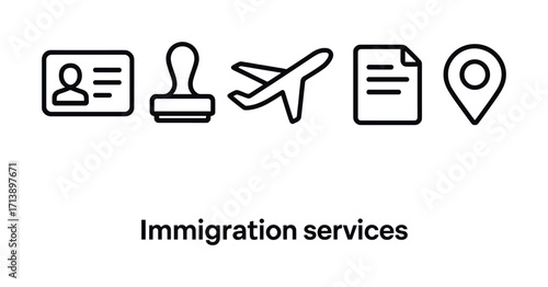 Immigration services icons: id, stamp, airplane, document, location pin
