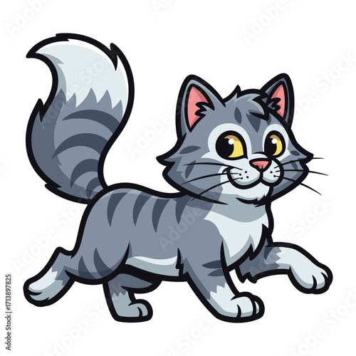 Playful Cat in Motion: A lively cartoon cat struts, paws a flutter, head tilted, a burst of energy, ready for fun and games.