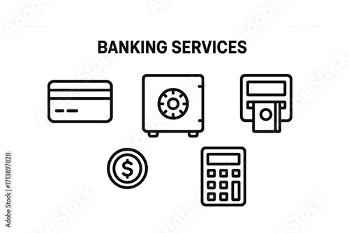 Icons representing essential banking services including atm, safe, card, coin, and calculator
