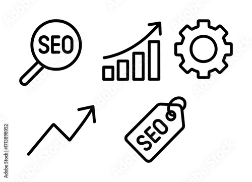 Seo icons featuring magnifying glass, growth chart, gear, upward arrow, and tag
