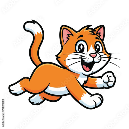 Playful Kitten's Adventure: An adorable, cartoon kitten with striking orange fur bounds across the scene, radiating boundless energy and playful charm. 