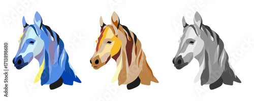 3色の馬の頭部イラストセット（青・茶・グレー）