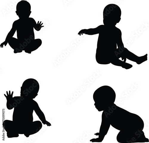 
A black vector silhouette set of four happy babies in various poses, representing childhood, growth, and playful moments of infants and toddlers.