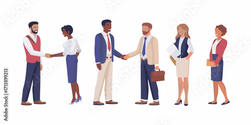 Business professionals in a line with two men shaking hands