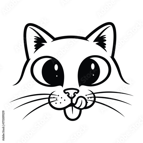 Whimsical Kitty: A minimalist illustration of a playful cat with large, expressive eyes and a cheerful expression, embodies simplicity and the unique joy found in all cat.