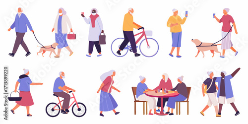 Diverse elderly people enjoying various outdoor and social activities
