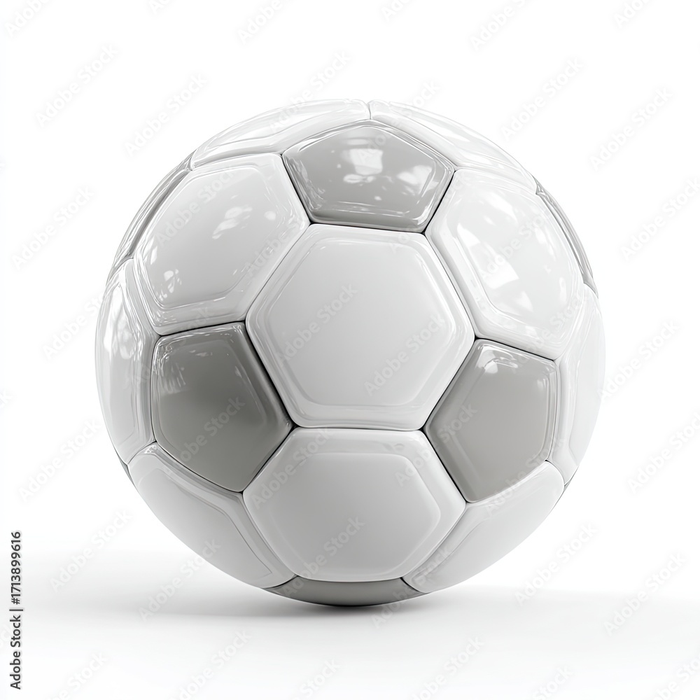 Obraz premium A grayscale soccer ball with glossy panels rests on a plain white background, subtly reflecting light