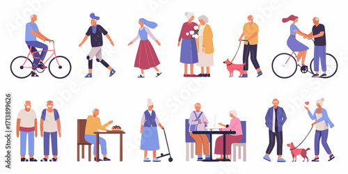 Seniors engaged in various activities like cycling and walking dogs