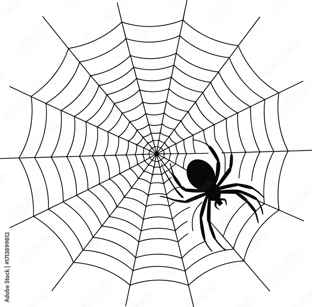 Fototapeta premium A spooky black and white vector graphic of a spider on its intricate web, perfect for Halloween and symbolizing danger, fear, and creepy crawlies. A spooky black and w