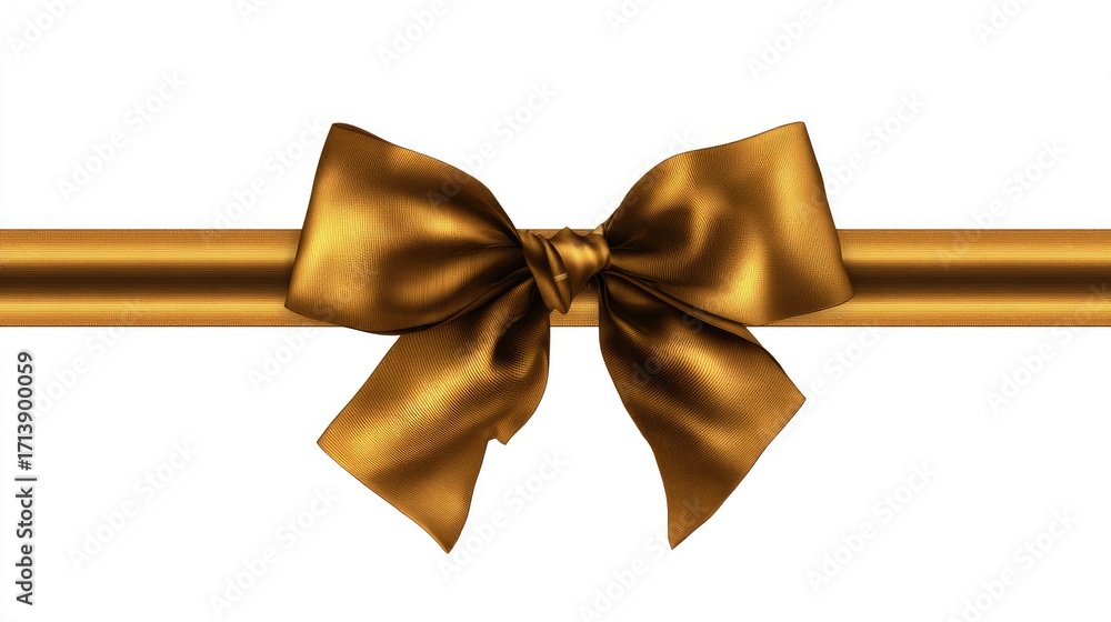Fototapeta premium A lustrous gold satin ribbon tied in a classic bow, isolated on a white background; elegant and simple
