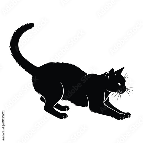 Shadow Play: A stylized, minimalist illustration of a sleek black cat in a poised, ready-to-pounce stance, showcasing its elegant silhouette and poised readiness.