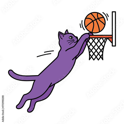 Slam Dunking Cat: An animated feline shows exceptional athleticism by slam dunking a basketball, showcasing a fun illustration of skill and playfulness.