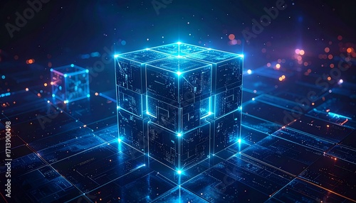 Abstract Glowing Digital Circuit Cube Arrangement Technology Illustration