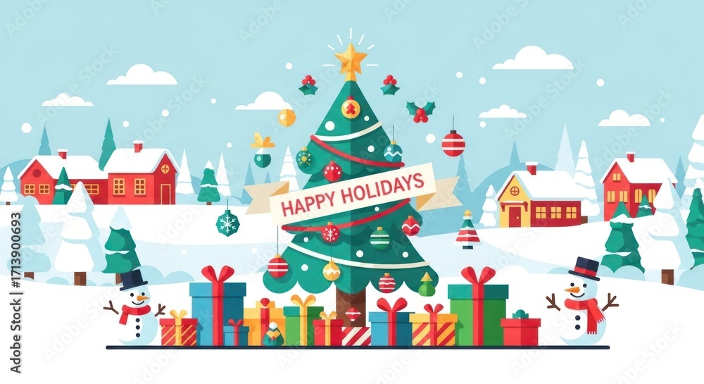 Fototapeta premium Festive Holiday Scene: A Cheerful Christmas Illustration with Snowmen and Gifts