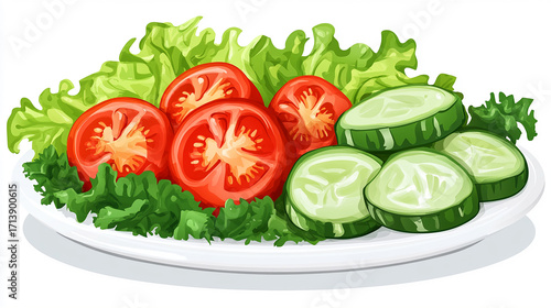 Fresh Vegetable Plate: A vibrant display of culinary artistry, with fresh sliced tomatoes, crisp cucumber slices, and a bed of lush green lettuce artfully arranged on a pristine white plate.